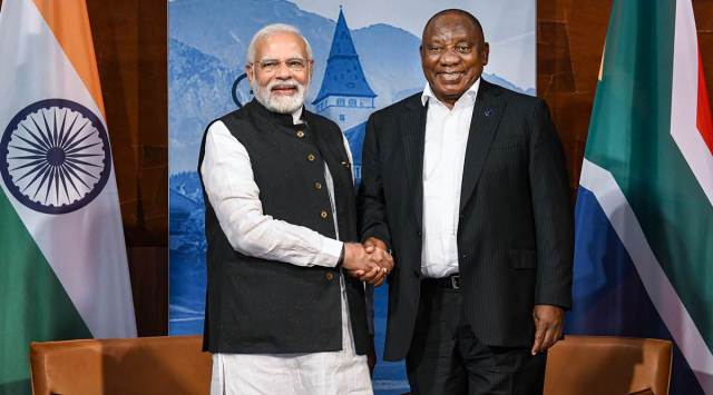 Prime Minister Narendra Modi with  President of South Africa Cyril Ramaphosa, in Germany, Monday. (PTI)