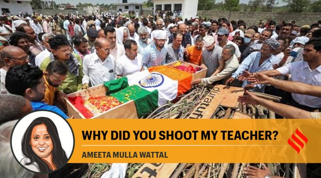 Relatives and family members of government teacher Rajni Bala during her funeral, in Samba, (Photo: PTI)