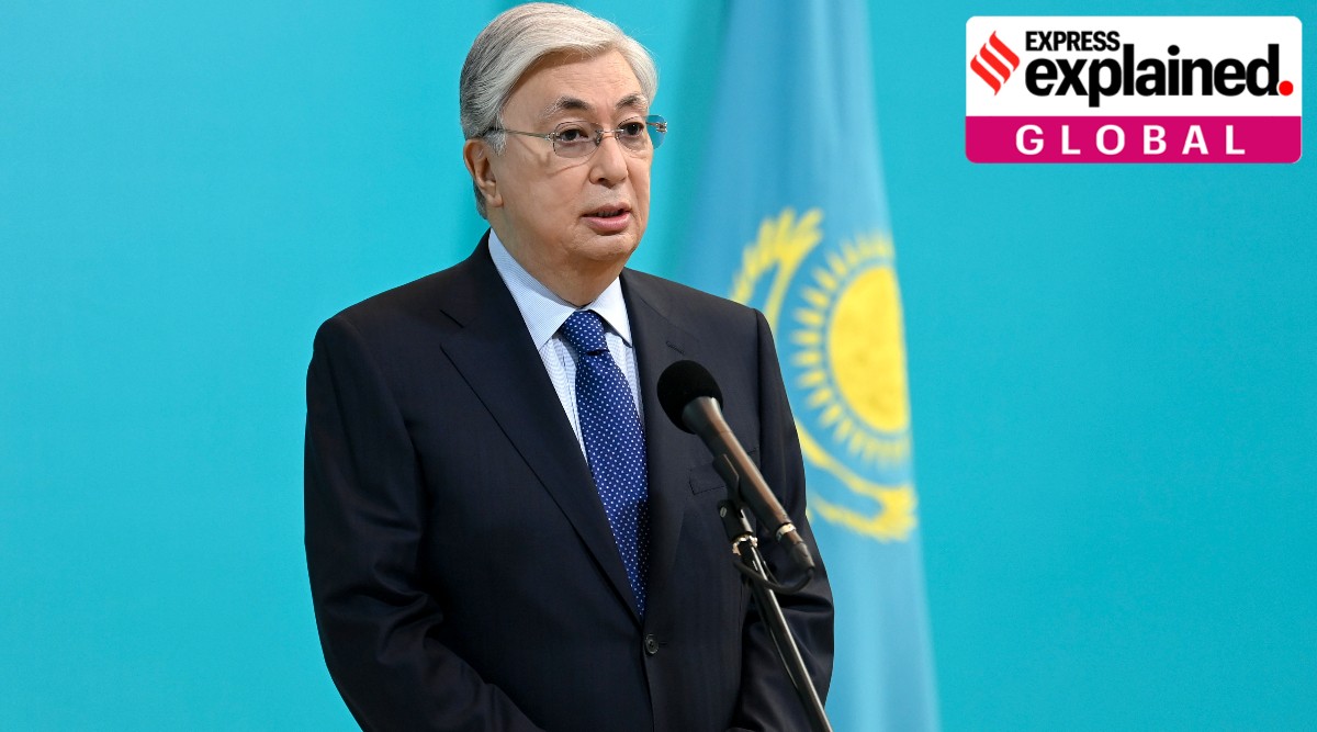 Kazakhstan's President Kassym-Jomart Tokayev speaks to the media after voting at a polling station in the Al-Farabi Schoolchildren Palace during the nationwide referendum in the capital Nur-Sultan. (Kazakhstan's Presidential Press Service via AP)
