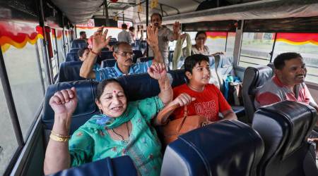Kashmiri Pandits leave for Kheer Bhawani mela from Jammu Tuesday. (PTI)