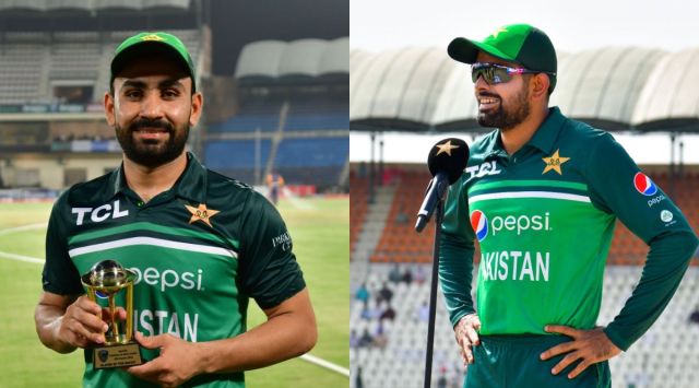 Pakistan skipper Babar Azam (right)  gave away his player of the match award to Khushdil Shah in the first ODI at Multan. (@TheRealPCB/Twitter)