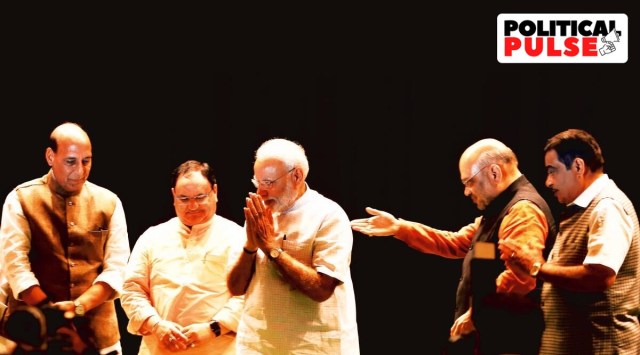 Prime Minister Narendra Modi ,Home Minister  Amit Shah, Defence Minister Rajnath Singh, and BJP President J P Nadda during the BJP Parliamentary Party meeting on july 2 2019. (Express/Renuka Puri)