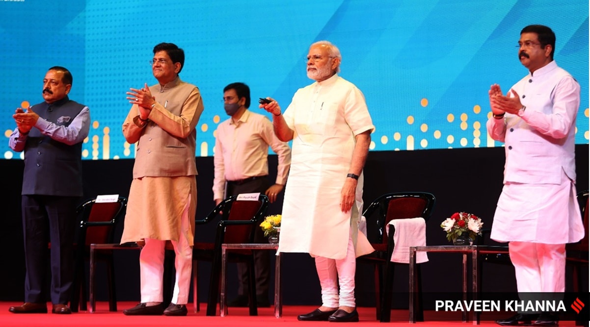 Prime Minister Narendra Modi at the Biotech Startup Expo 2022 at Pragati Maidan in New Delhi on Thursday. (Express Photo: Praveen Khanna)