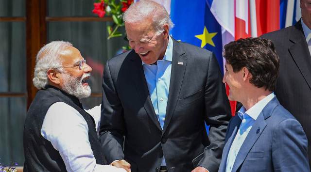 PM Narendra Modi, US President Joe Biden, Canada’s PM Justin Trudeau at the G7 meeting at Schloss Elmau Castle, Germany, on Monday. (PTI)