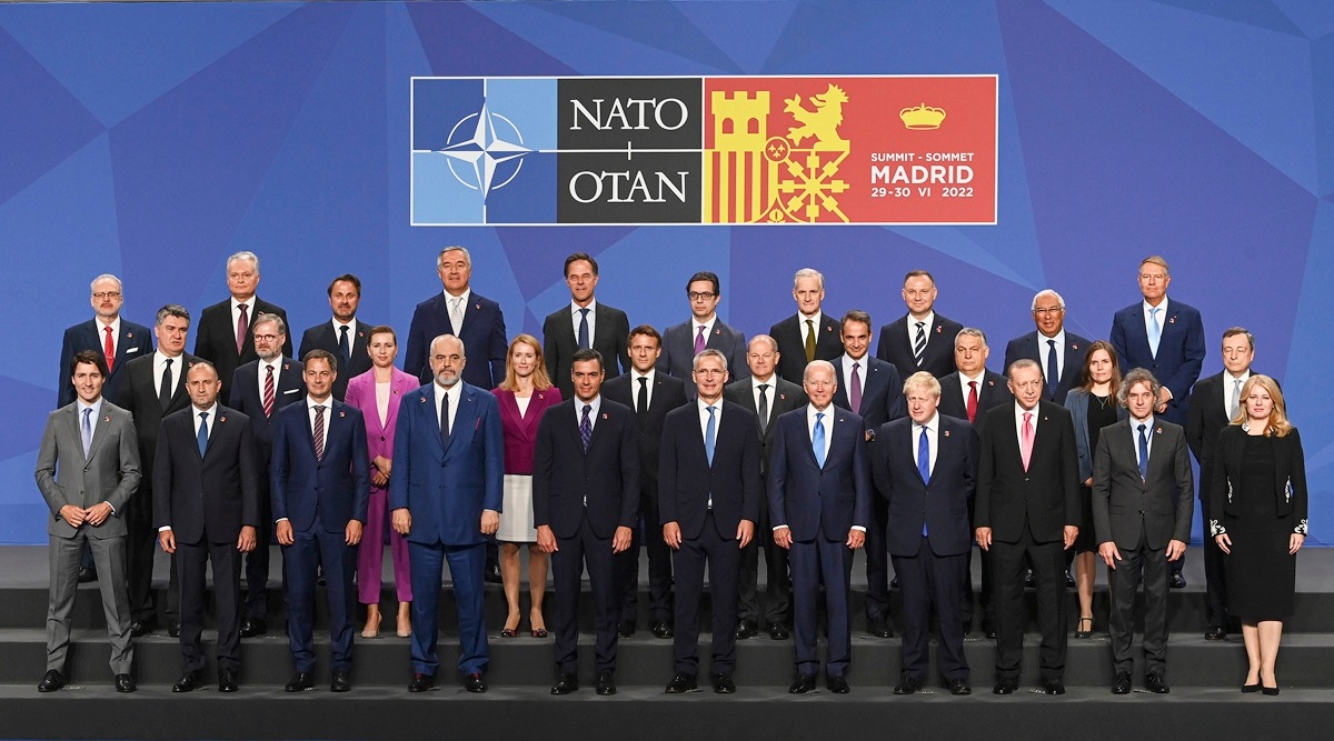 World leaders pose for a group photo at the NATO summit in Madrid on Wednesday, June 29, 2022. (Kenny Holston/The New York Times)