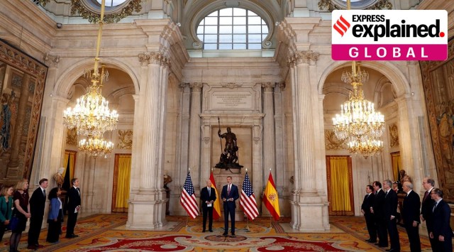 U.S. President Joe Biden, centre left, and Spain's King Felipe meet at the Royal Palace in Madrid, Spain, Tuesday June 28, 2022. North Atlantic Treaty Organization heads of state will meet for a NATO summit in Madrid from Tuesday through Thursday. (AP)