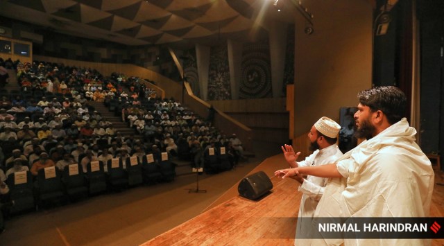 A field trainer demonstrates procedures and gives training for Hajj pilgrims at Tagore hall, Paldi on Wednesday. (Express Photo by Nirmal Harindran)
