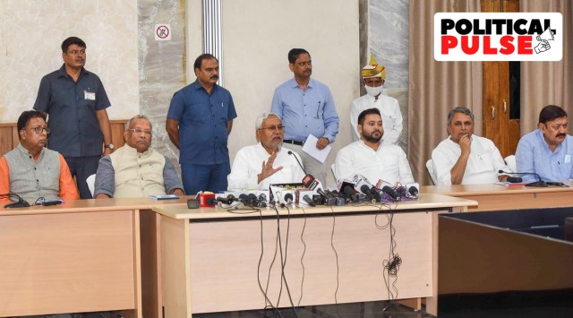 Bihar Chief Minister Nitish Kumar addresses a press conference after an all-party meeting on the caste-based census in the state, at Samvad Hall in Patna. (PTI)
