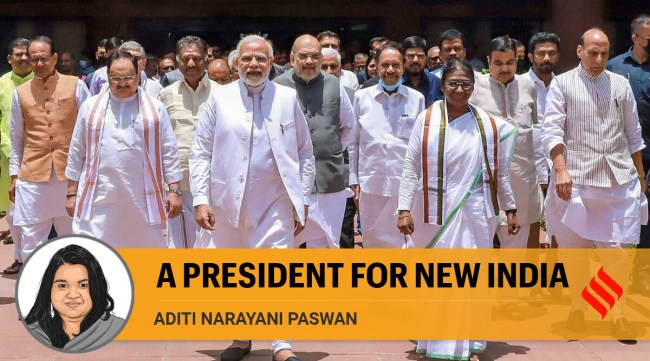 NDA's candidate Droupadi Murmu, accompanied by Prime Minister Narendra Modi, Union Ministers Rajnath Singh, Amit Shah, BJP President J P Nadda and other dignitaries, walks towards Parliament House to file her nomination papers for presidential election, in New Delhi. (PTI, file)