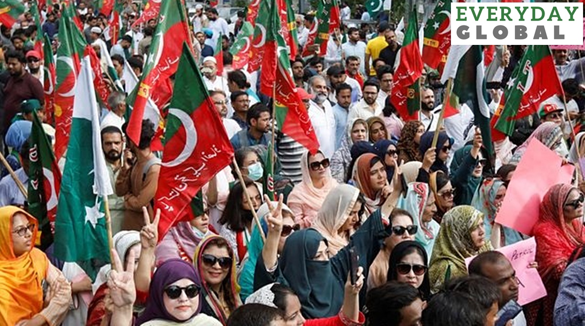 Supporters of the Pakistan Tehreek-e-Insaf (PTI) political party wave flags and chant slogans during a country-wide protest, called by the ousted Prime Minister Imran Khan, against the fuel price hike in Karachi. (Reuters)