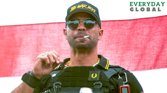 Proud Boys leader Henry "Enrique" Tarrio wears a hat that says The War Boys during a rally in Portland. (AP/File)