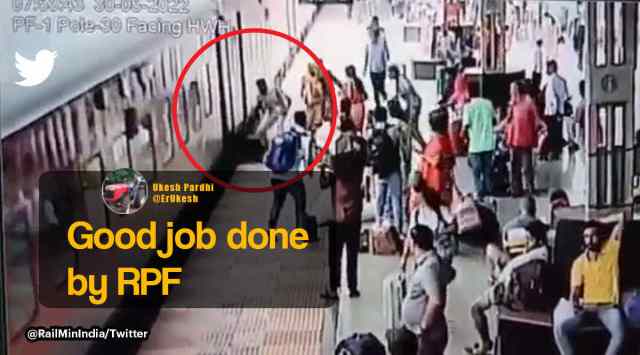 railway, woman falls between platform and moving train, train accidents, rescue video, Chhattisgarh, Raipur, Railway Ministry, indian express