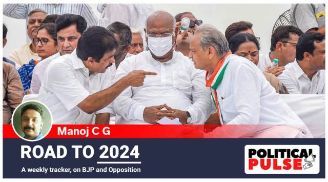 Congress leaders K. C. Venugopal, Mallikarjun Kharge and Rajasthan CM Ashok Gehlot during the party's 'Satyagraha' against Central government's 'Agnipath' scheme and ED's probe against party leader Rahul Gandhi in the National Herald case, at Jantar Mantar in New Delhi, Monday, June 20, 2022. (PTI Photo)
