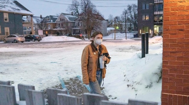 Jaz Brisack, a Rhodes scholar and a barista, arrives for work at the Starbucks where she helped unionise workers, in Buffalo, New York, February 26, 2022. (Brendan Bannon/The New York Times)