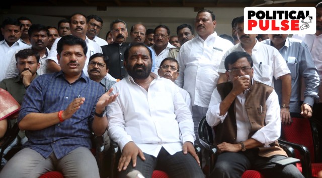 Shiv Sena MLAs Kailas Patil (left) and Nitin Deshmukh (centre) with MP Sanjay Raut addressing a press meet. (Express photo by Narendra Vaskar)
