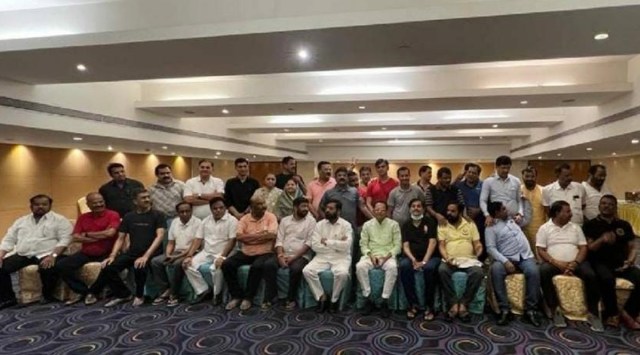 Eknath Shinde and rebel MLAs at the Le Meridien Hotel in Surat. 