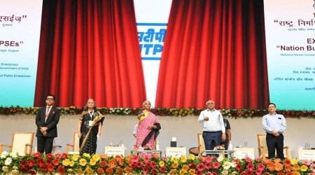 Nirmala Sitharaman at the Central Public Sector Enterprises at Mahatma Mandir in Gandhinagar on Thursday. (Photo: Twitter/@BJP4Gujarat) 