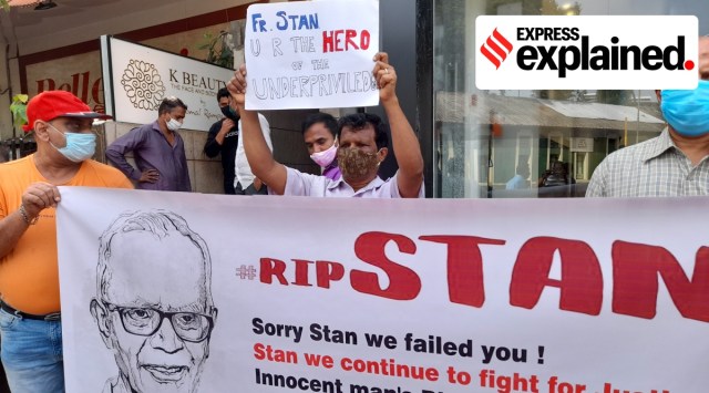Several people are peacefully protest  outside St. Peters church on hill road in Bandra (w) for late Jesuit priest, Stan Swamy. (Express Photo by Pradip Das)