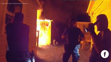 three year old rescue from burning house, child rescue from fire, fire, rescue, US, indian express