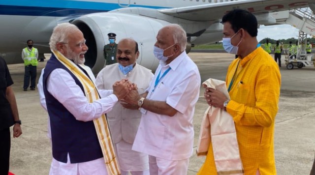 PM Modi arrives at the Yelahanka Air Force station for a two-day Karnataka visit.