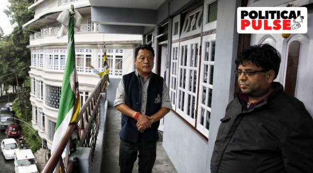 Bimal Gurung and Roshon Giri at GJM party headquarters at  Singmari in Darjeeling district. (Express photo by Partha Paul)