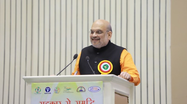 Minister for Home and Cooperation Amit Shah addresses the National Conclave on Scheduled and Multi State Urban Cooperative Banks and Credit Societies on Thursday. (Twitter/@AmitShah)