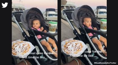 Child reacts to funnel cake, baby eats funnel cake for the first time, baby cake reaction, viral video, Indian Express