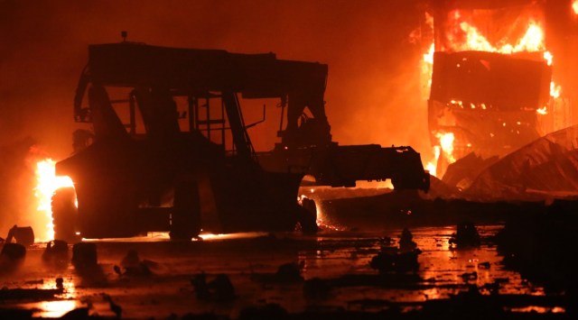 A fire rages at the BM Inland Container Depot, a Dutch-Bangladesh joint venture, in Chittagong, 216 kilometers (134 miles) southeast of capital, Dhaka, Bangladesh, early Sunday, June 5, 2022. (AP/PTI) 