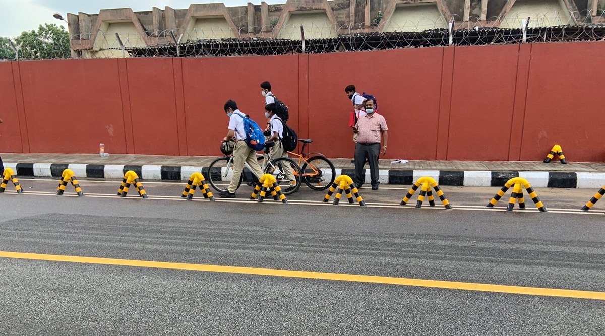 The bi-directional protected cycle lane at SK temple Road, Doddanekundi. (Express)