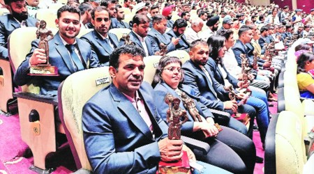 Haryana players at the function on Thursday. (Express Photo by Jaipal Singh)