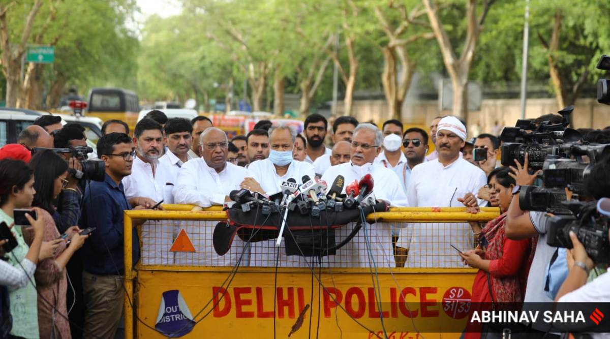 Mallikarjun Khagde, Bhupesh Bhagel and Ashok Gehlot address media near ED office, on Monday, June 13, 2022.