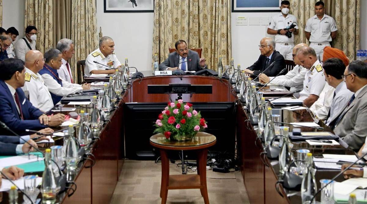 National Security Advisor Ajit Doval chairs the inaugural meeting of the Multi-Agency Maritime Security Group Policy, in New Delhi on Thursday. Chief of the Naval Staff Admiral R Hari Kumar was also present. (ANI)