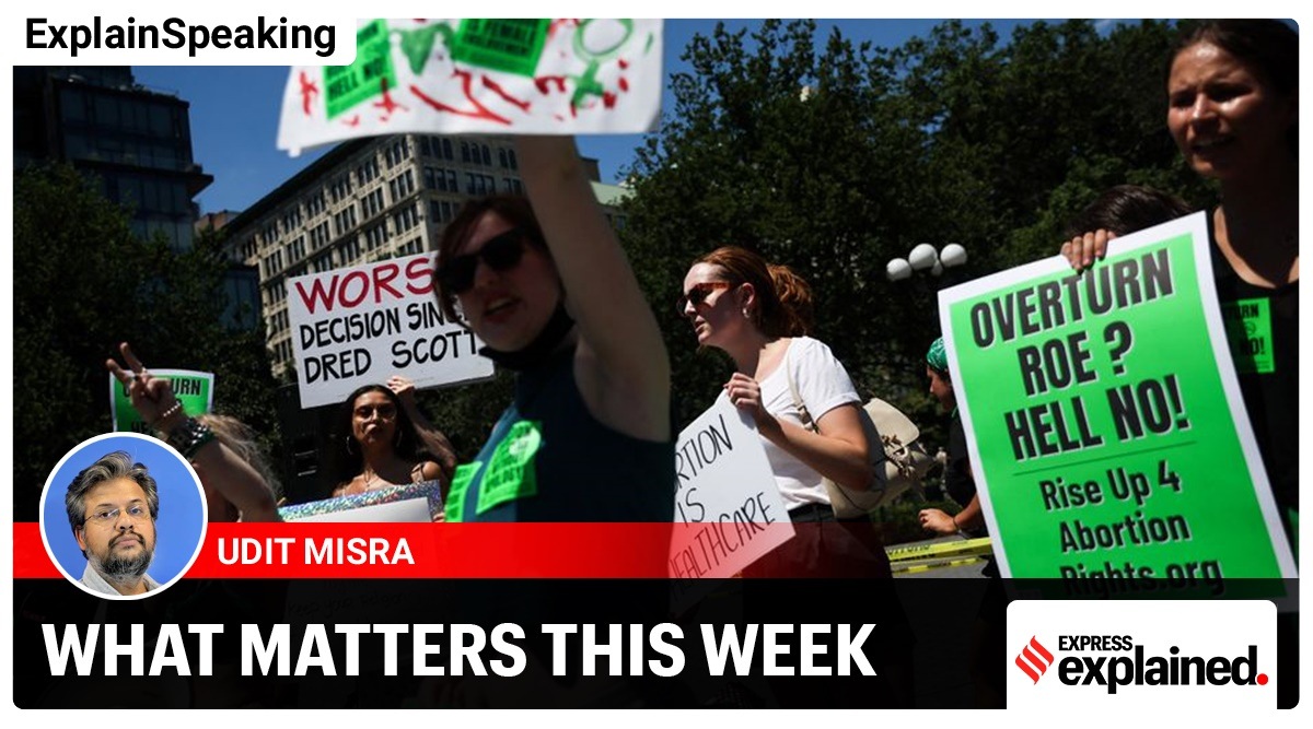 Activists gather to protest against the overturning Roe v Wade. (Reuters)