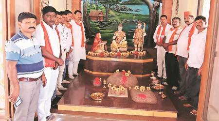 BJP MLA Vijay Patel (left) with the party delegation at the Shabri temple. (Express)

