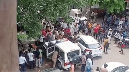 A screengrab of the clash that took place outside the municipal school campus shared by AAP's Gujarat unit on their Twitter handle.