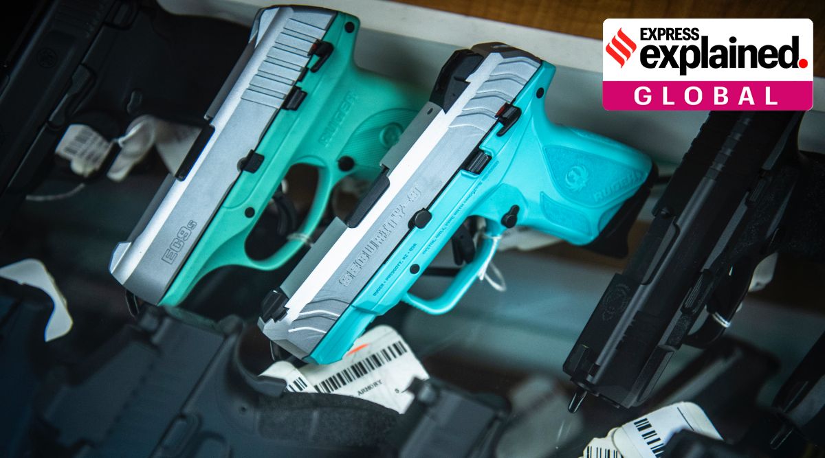 Hand guns for sale are displayed at SP firearms on Thursday, June 23, 2022, in Hempstead, New York. (AP Photo/Brittainy Newman)