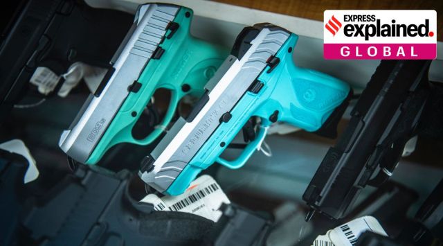 Hand guns for sale are displayed at SP firearms on Thursday, June 23, 2022, in Hempstead, New York. (AP Photo/Brittainy Newman)