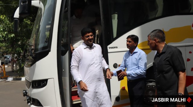 Haryana Deputy Chief Minister Dushyant Chautala arrives to vote along with other MLAs on Friday. (Express Photo: Jasbir Malhi)