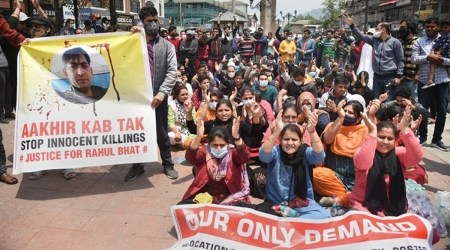 Kashmiri Pandit employees shout slogans during a protest march over the killing of Rahul Bhat, at Lal Chowk in Srinagar. (PTI, file)