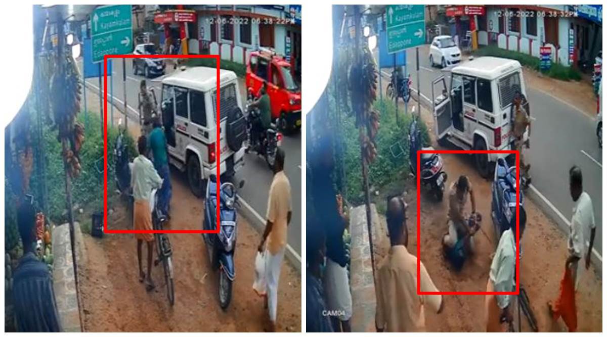 In the screengrab, SHO Arun Kumar is seen struggling with the attacker, Sugunathan who wields a large machete. (Twitter screengrab)