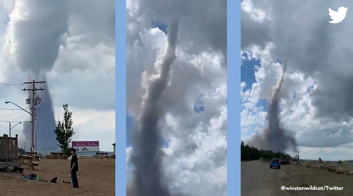 Strange tornado canada, strange landspout emerges in Canada, beach goers shocked at twister, viral tornado video, landspout video, Indian express