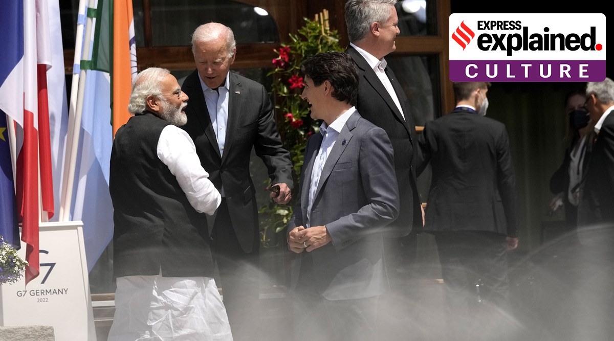Prime Minister Narendra Modi speaks with US President Joe Biden and Canada's Prime Minister Justin Trudeau after a group photo of G7 leaders at Castle Elmau in Kruen, near Garmisch-Partenkirchen, Germany, on Monday, June 27, 2022. (AP Photo/Markus Schreiber)