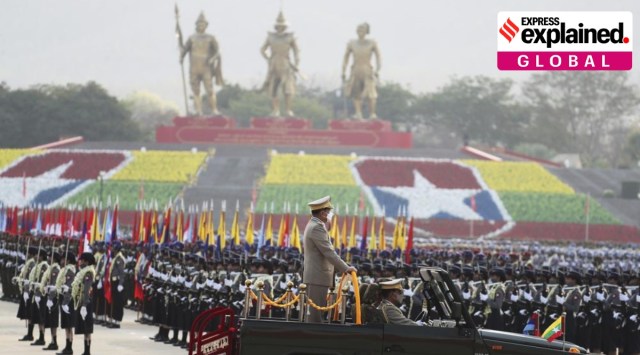 Senior Gen. Min Aung Hlaing, head of the military council, inspects officers during a parade to commemorate Myanmar's 77th Armed Forces Day in Myanmar. (AP Photo/Aung Shine Oo)