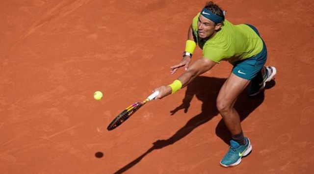 Spain's Rafael Nadal plays a shot against Norway's Casper Ruud the French Open tennis tournament in Roland Garros stadium in Paris, France, Sunday, June 5, 2022. (AP Photo/Christophe Ena)
