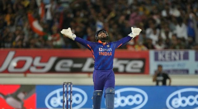 India's Rishabh Pant celebrates the dismissal of South Africa's Heinrich Klaasen during the fourth Twenty20 cricket match between India and South Africa in Rajkot. (AP)