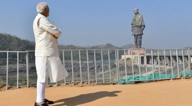 Prime Minister Narendra Modi looks at the Statue of Unity, the world's tallest statue, located in Gujarat. (Express archive)