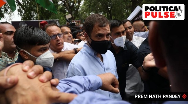 Rahul Gandhi with party workers at march to ED office in New Delhi. (Express file photo)