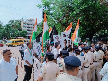 Congress MLAs including Sankalp Amonkar, Kedar Naik, Altone D'costa and Yuri Alemao met police officers at Panaji police station on Thursday afternoon. (Express Photo)