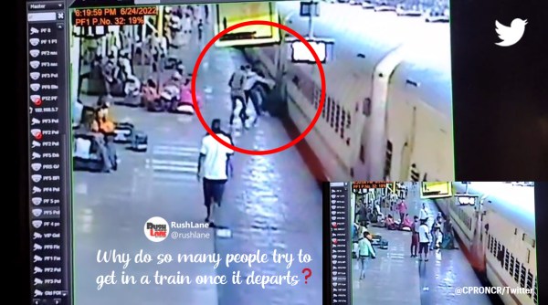 Railway staff rescues pregnant woman, RPF personnel rescues woman boarding moving train, RPF Virangana Lakshmibai Railway Station, Virangana Lakshmibai Railway Station Uttar Pradesh, Indian express