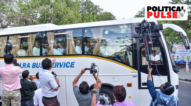 Congress MLAs board a bus and head to Udaipur ahead of the Rajya Sabha Elections, in Jaipur, Thursday, June 2, 2022. (PTI Photo)